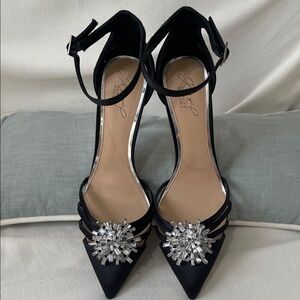 Elegant Black Satin Heels with Crystal Embellishments